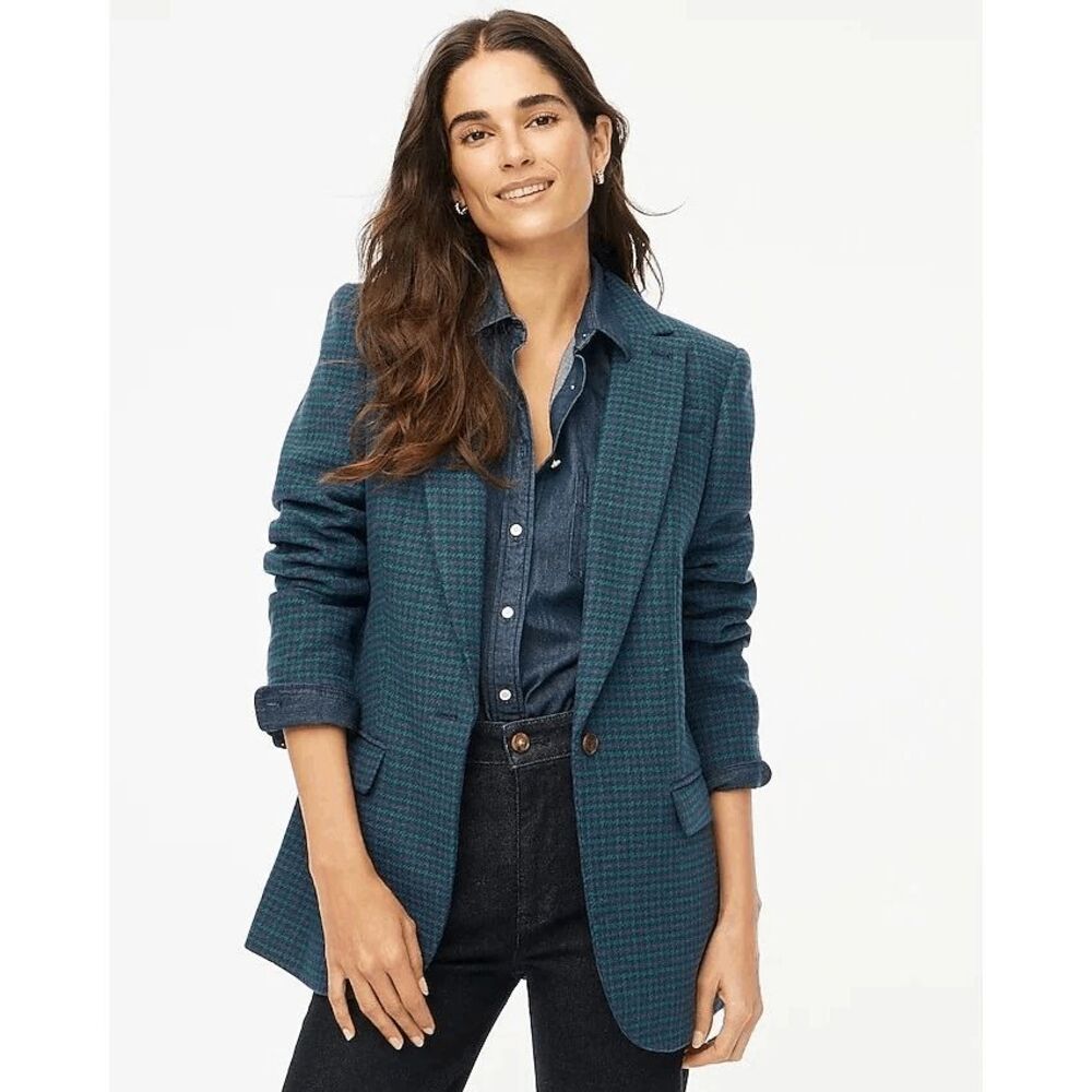 J. Crew Serene Spruce Antique Plaid Relaxed One Button Blazer Women's Size 8